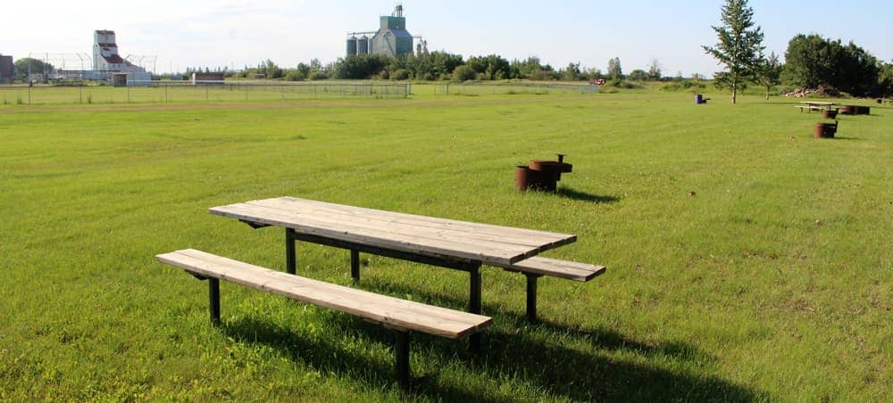 Picnic table in foreground with grass and blue sky in background