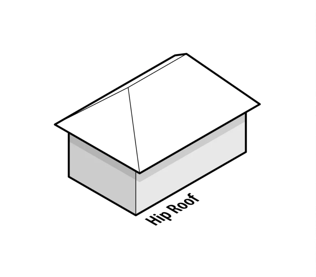 Grayscale illustration of hip roof barn